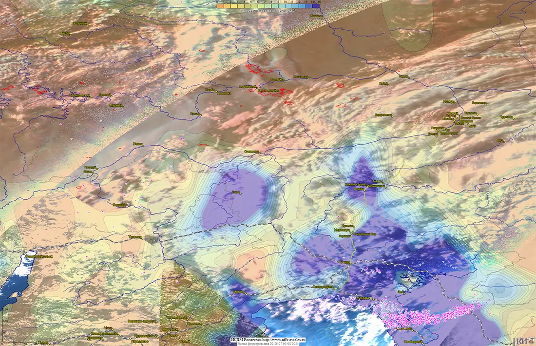 Картографический интерфейс ИСДМ-Рослесхоз (видны молниевые разряды, граница и величина осадков). Юго Восток России, данные за 05.08.2024).